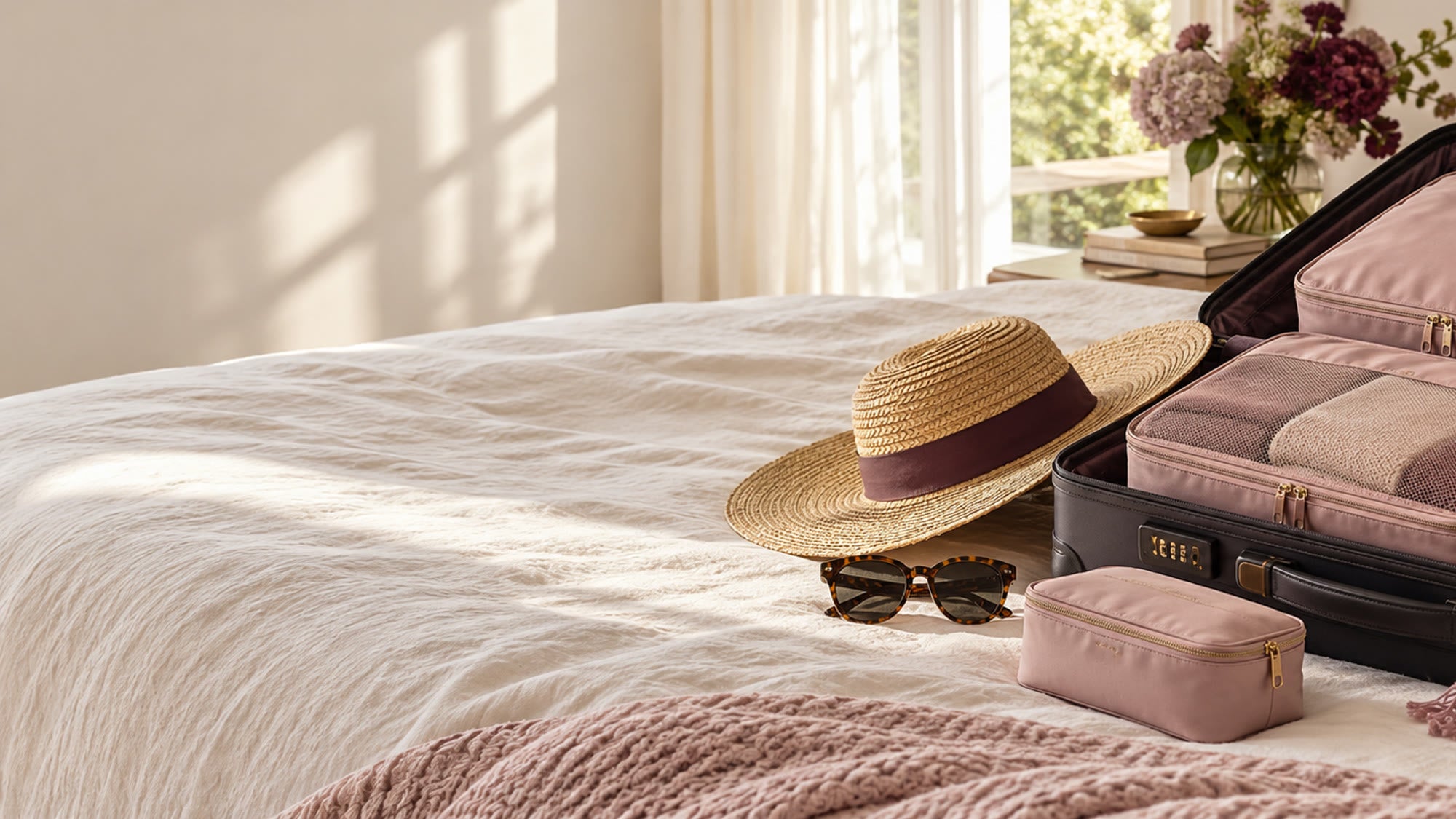 Pink travel organisers packed in a suitcase